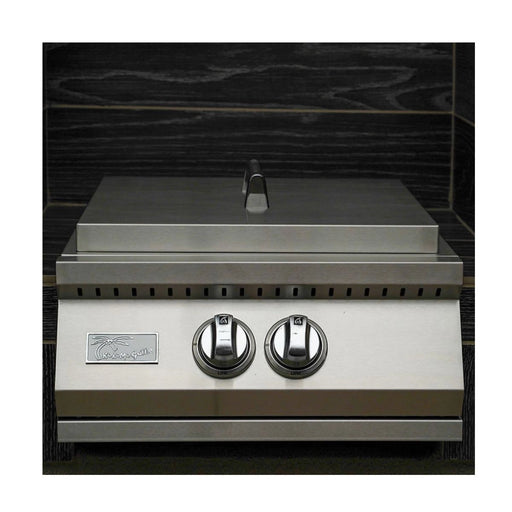 Kokomo Grills Built-in Power Burner with removable wok grate, stainless steel cover, SureLight knobs, and full-width drip tray.
