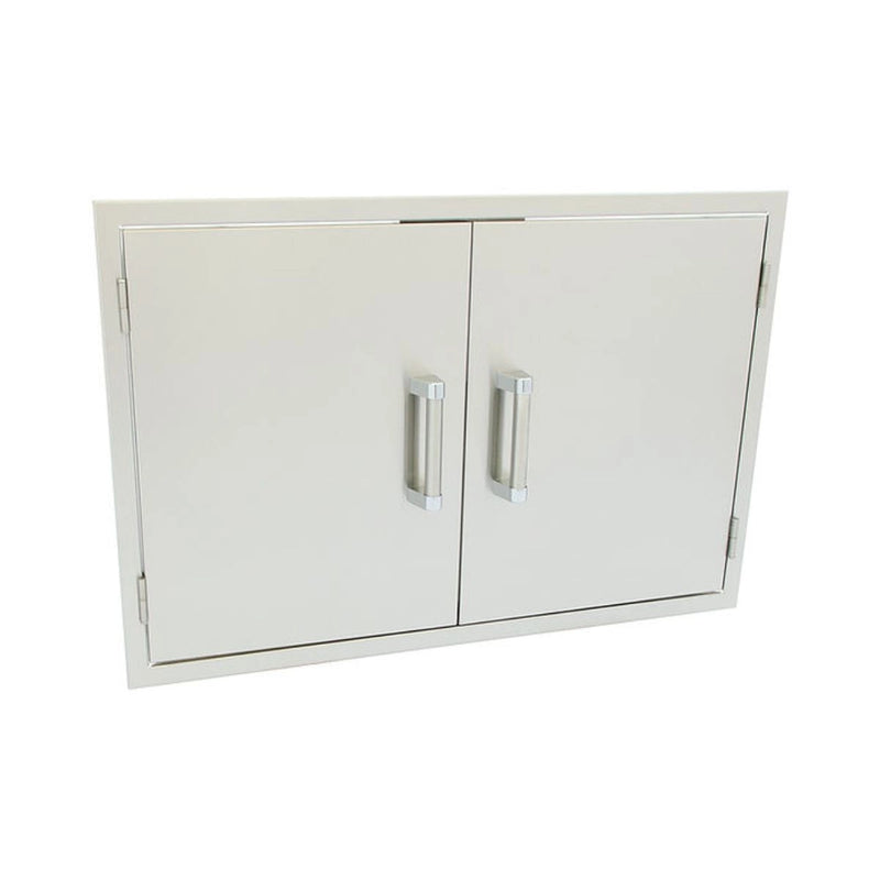 Kokomo Grills 30 Inch Stainless Steel Access Doors with polished handles, dual wall construction, and reversible swing for outdoor kitchens.