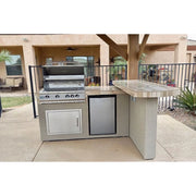Kokomo Grills Aspen BBQ Island with 4 Burner Stainless Steel Grill, outdoor fridge, tile countertop, and Spectrum Brown stucco finish.