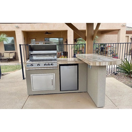 Kokomo Grills Aspen BBQ Island with 4 Burner Stainless Steel Grill, outdoor fridge, tile countertop, and Spectrum Brown stucco finish.