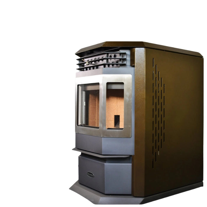 Modern wood stove with metallic finish on a white background