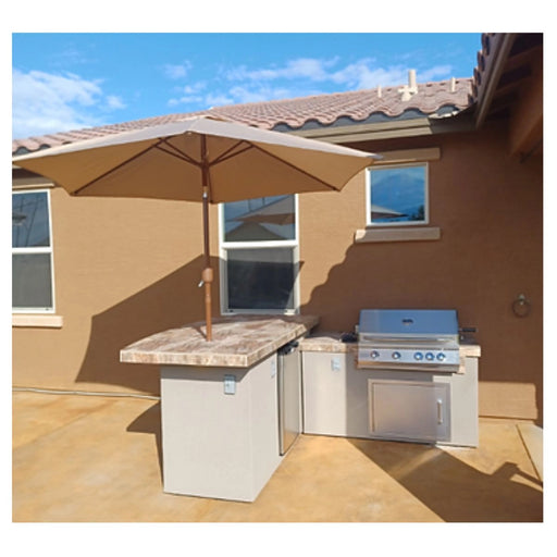Kokomo Grills Caribbean BBQ Island with 4 Burner Grill, outdoor fridge, drawers, tile countertop, stucco finish, and umbrella bar.