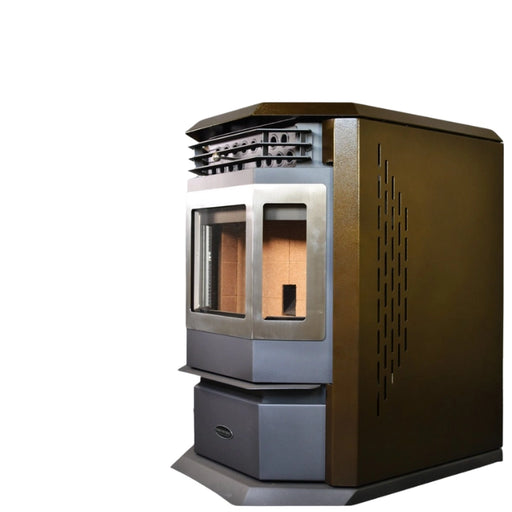 Modern wood stove with metallic finish on a white background