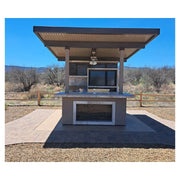 Kokomo Grills Baja W/ Top outdoor kitchen with 12'x12' aluminum patio cover, built-in BBQ, outdoor TV, and tile countertop.