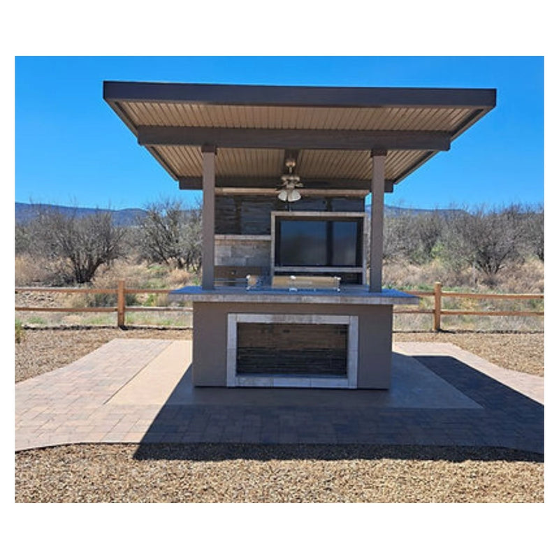 Kokomo Grills Baja W/ Top outdoor kitchen with 12'x12' aluminum patio cover, built-in BBQ, outdoor TV, and tile countertop.
