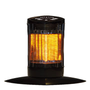 Black outdoor heater with glowing orange interior on a white background