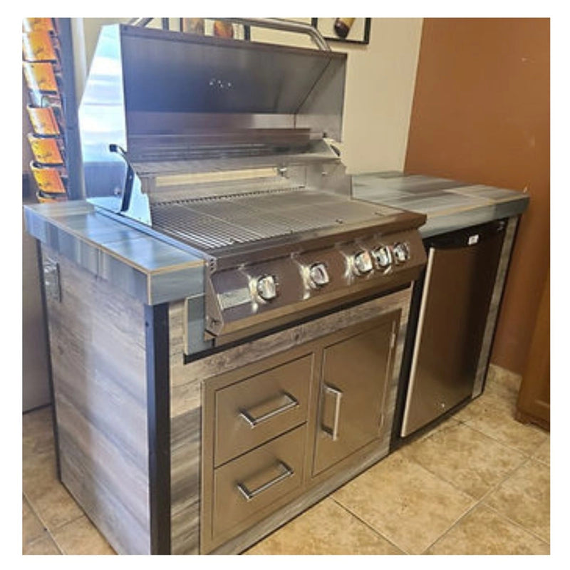 Kokomo Grills Elite 6' BBQ Island with 4 burner 32" grill, driftwood composite siding, stainless steel doors, and mini fridge.