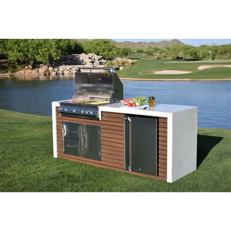 Kokomo Grills Professional Shiplap Outdoor Kitchen with 7'6" shiplap siding, porcelain tile countertop, grill, and outdoor refrigerator.