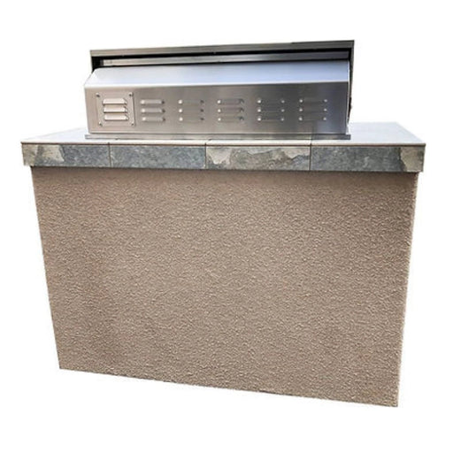 Kokomo Grills Panama 4' BBQ Island with 4 burner stainless steel built-in grill, tile countertop, and stucco finish.