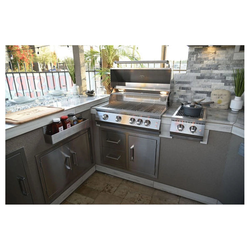 Kokomo Grills Outdoor Kitchen Stainless Steel Two Drawer - One Door Combo with polished bar handles and stainless steel construction in outdoor setup.