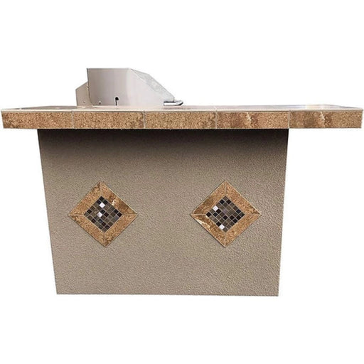 Kokomo Grills Havana L-Shape BBQ Island with porcelain tile countertop, two tile diamond details, and built-in grill bar seating.
