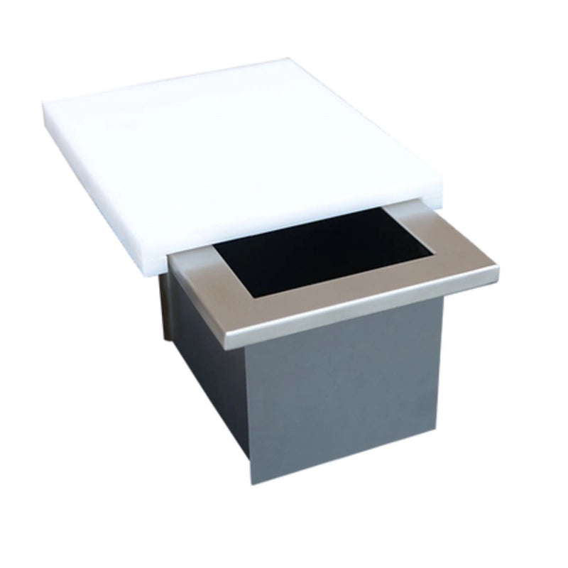 Kokomo Grills Trash Chute and Cutting Board stainless steel trash chute with white cutting board and integrated waste drawer slot.