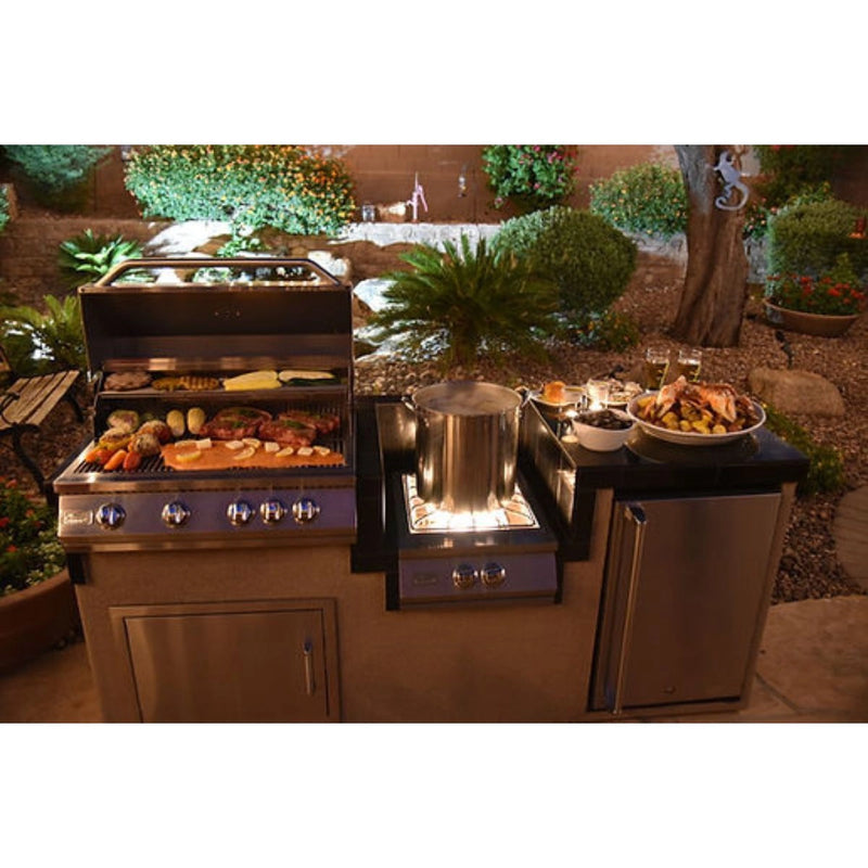 Kokomo Grills Power Burner 4 Burner 32 inch Built-In BBQ Grill Island with wok burner, fridge, granite countertop, and storage door.