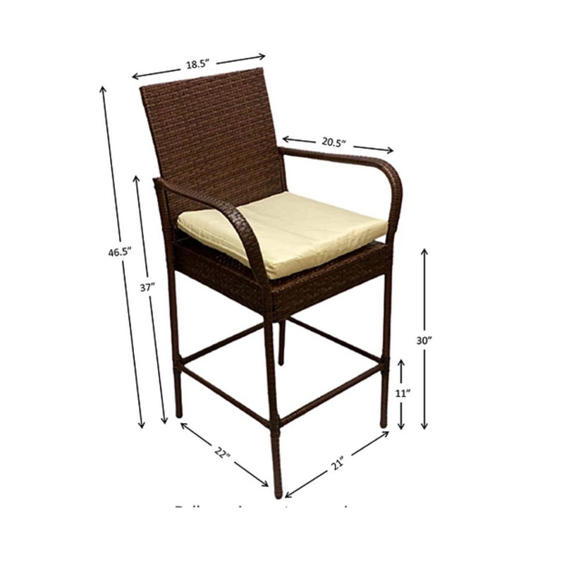 Kokomo Grills Rattan Outdoor Bar Stool 2 Pack with armrest, footrest, 30" seat height, beige cushion, and wicker finish.
