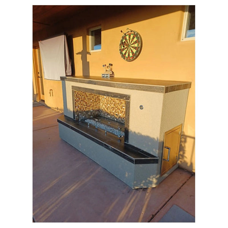 Kokomo Grills Entertainer Fireplace with mosaic tile backsplash, stucco finish, 14x20 vertical door, and fire-glass burner insert.