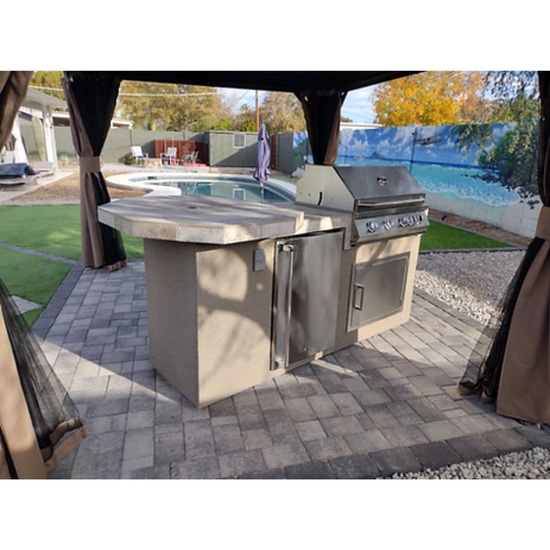 Kokomo Grills Poly 7'6" BBQ Island in Spectrum Brown stucco with 4-burner grill, octagon bar, refrigerator, and tile countertop.