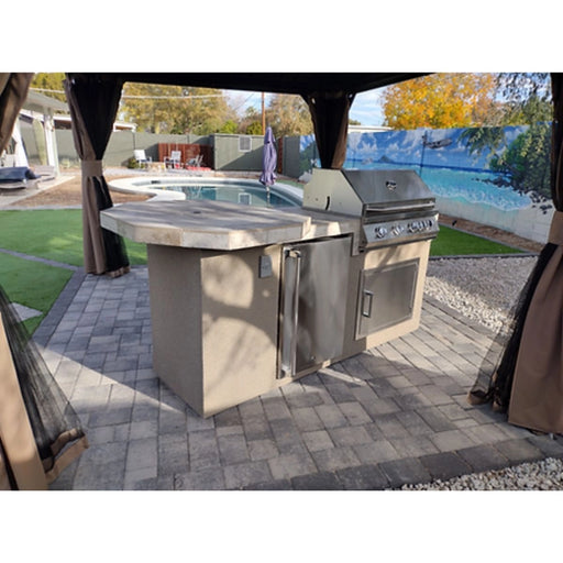 Kokomo Grills Poly 7'6" BBQ Island in Spectrum Brown stucco with 4-burner grill, octagon bar, refrigerator, and tile countertop.