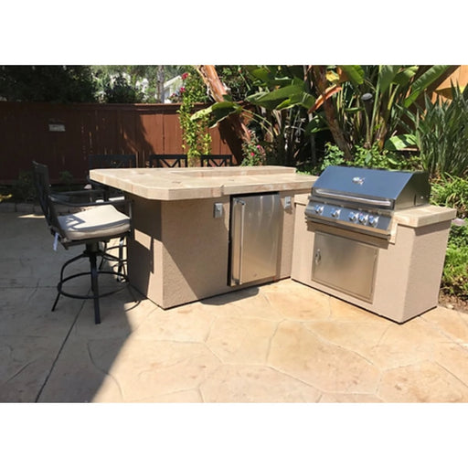 Kokomo Grills L-Shape BBQ Island with 4 burner 32" stainless steel grill, built-in refrigerator, bar seating, and under-counter lights.