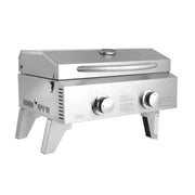 Kokomo Grills On The Go KO-PTBL portable stainless steel grill with dual gas burners, temperature gauge, locking lid, and carry handle.