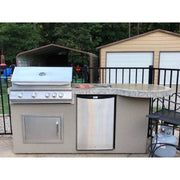 Kokomo Grills Maui 7'6" BBQ Island with 33" round bar, stainless steel 4-burner grill, refrigerator, and porcelain tile countertop.