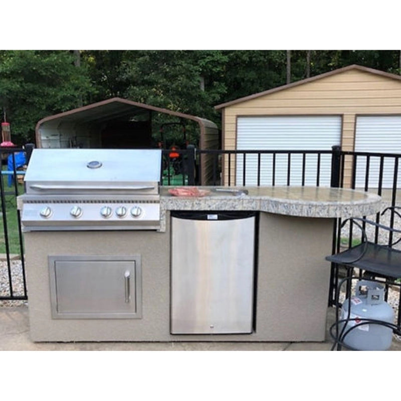 Kokomo Grills Maui 7'6" BBQ Island with 33" round bar, stainless steel 4-burner grill, refrigerator, and porcelain tile countertop.