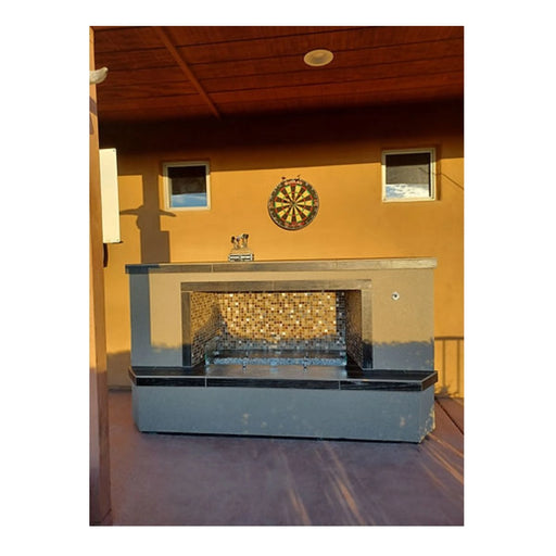Kokomo Grills Entertainer Fireplace with fire-glass burner insert, tile mosaic backsplash, stucco finish, and countertop.