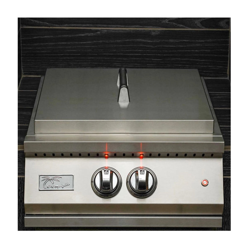 Kokomo Grills Professional Built-in Power Burner with stainless steel cover, LED-lit knobs, and curved handle for outdoor kitchen.