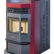 Red and gray pellet stove with visible brand name on a white background