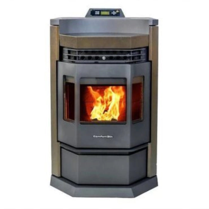 Pellet stove with visible flames on a white background