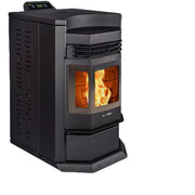 Black pellet stove with visible flames on a white background