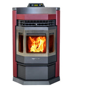 Pellet stove with visible flames on a white background