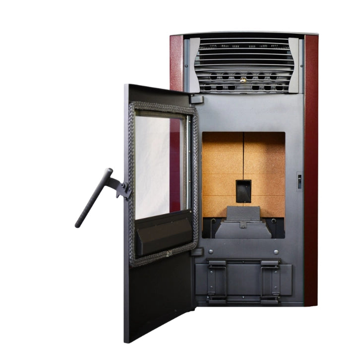 Wine cooler with open door showing interior compartments on a white background