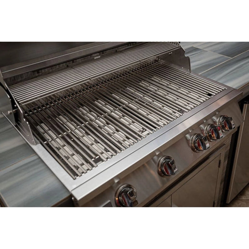 Kokomo Grills Elite 6' BBQ Island with 32" 4 burner stainless steel grill, driftwood look siding, and 30" double access doors.