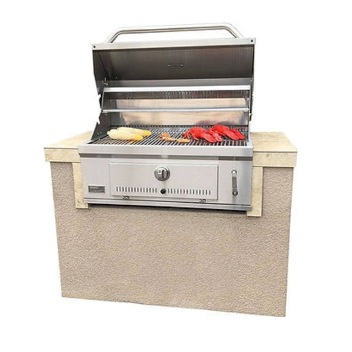 Kokomo Grills St. Martin 4' Charcoal Built In BBQ Island with 32" stainless steel grill, tile countertop, and Spectrum Brown stucco finish.