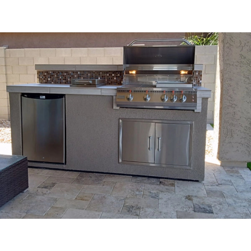 Kokomo Grills Bali 7'6" Island with Backsplash and Built In BBQ Grill featuring 4-burner stainless steel grill, outdoor fridge, and double access doors.