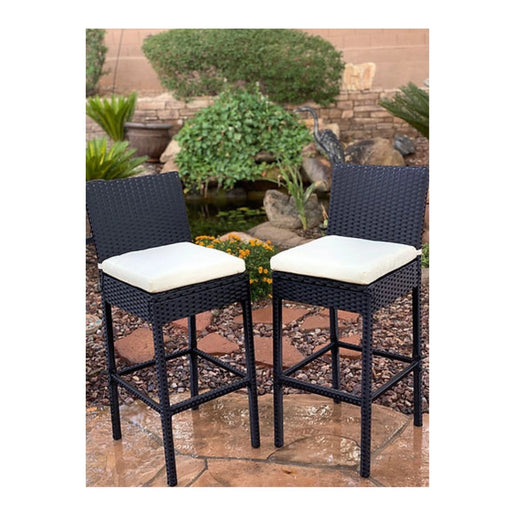 Kokomo Grills Rattan Outdoor Bar Stools 2 Pack with white cushions, black wicker finish, footrest, 30" seat height for patio bars.