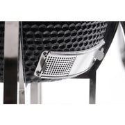 Kokomo Grills 21 Inch Kamado KoKoMo Ceramic BBQ Grill with black dimpled ceramic body and stainless steel vent on the stand.