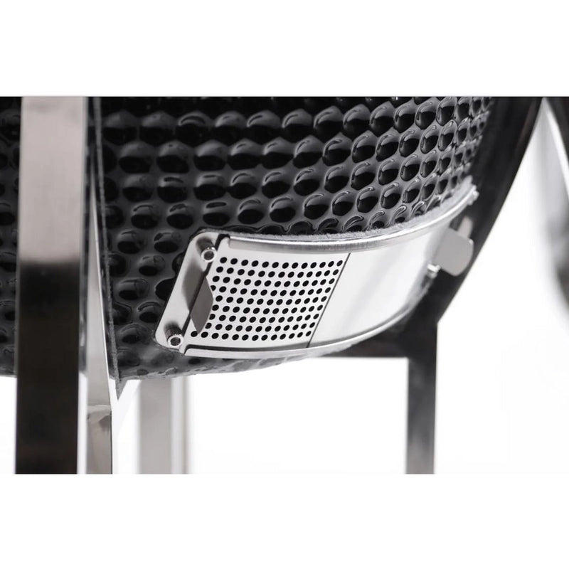 Kokomo Grills 21 Inch Kamado KoKoMo Ceramic BBQ Grill with black dimpled ceramic body and stainless steel vent on the stand.