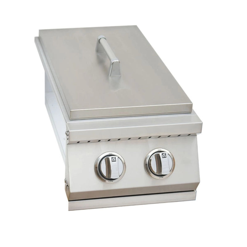 Kokomo Grills Built In Double Side Burner stainless steel with removable cover, dual knobs, and curved handle for outdoor kitchens.