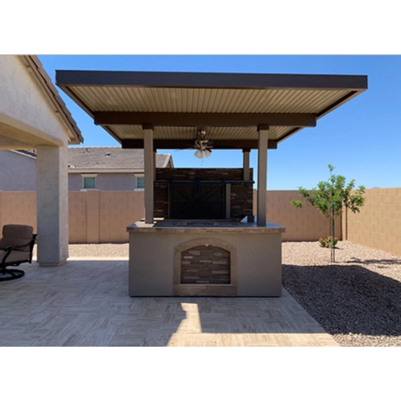 Kokomo Grills Barn Door TV Wall BBQ Island Pergola Firepit 4 Burner Built In BBQ with stone arch and covered shade canopy