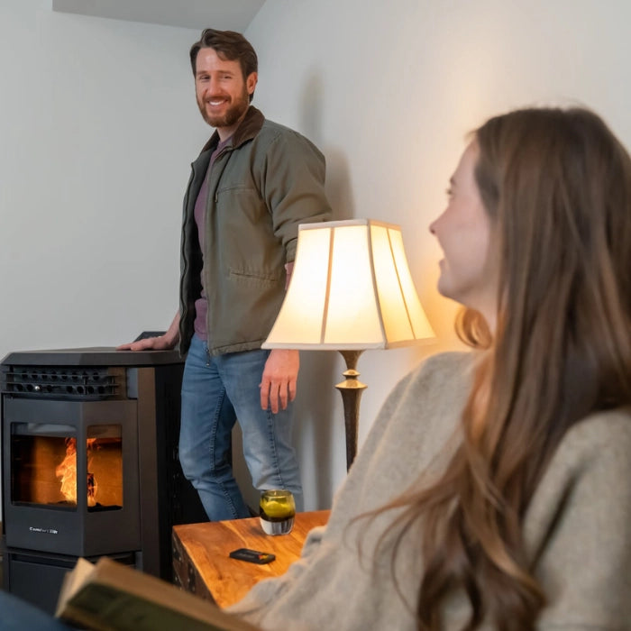 Man and woman in a cozy living room with a fireplace.