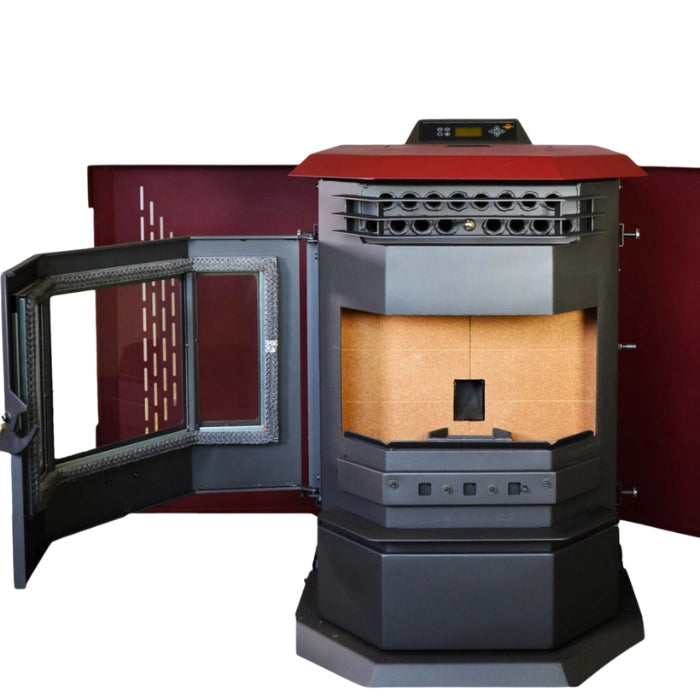 Red and gray industrial oven with open door on a white background