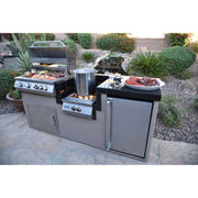 Kokomo Grills Power Burner 4 Burner 32 inch Built-In Barbeque Grill with stainless steel fridge, wok burner, and granite countertop.