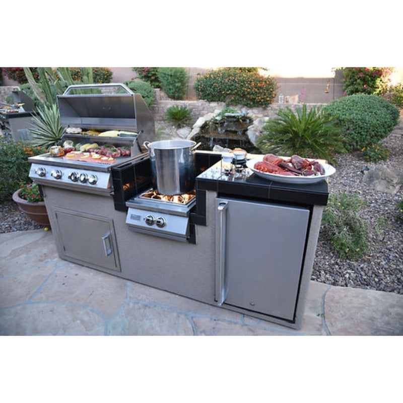 Kokomo Grills Power Burner 4 Burner 32 inch Built-In Barbeque Grill with stainless steel fridge, wok burner, and granite countertop.
