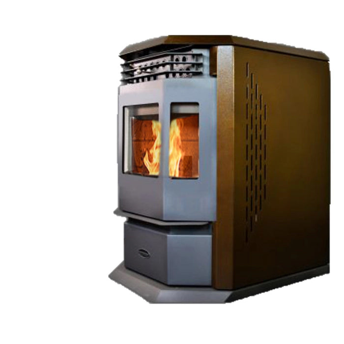 Wood-burning stove with visible flames on a white background