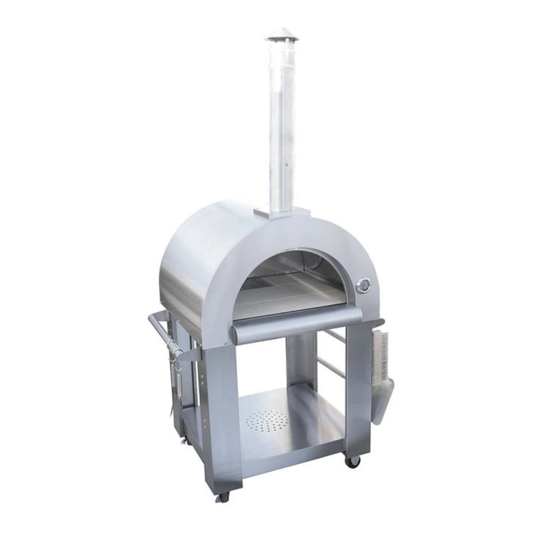 Kokomo Grills 32” Wood Fired Stainless Steel Pizza Oven with 304 stainless steel, temperature gauge, ash tray, and oven cart.