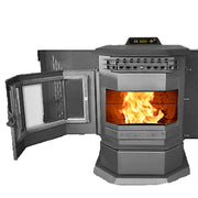 Pellet stove with open door showing flames inside on a white background