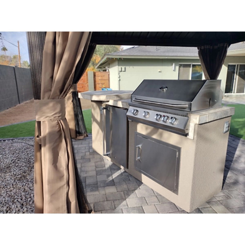 Kokomo Grills Poly 7'6" BBQ Island with octagon bar, 4-burner 32" grill, outdoor fridge, stucco finish, and tile countertop.