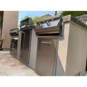 Kokomo Grills 5 Burner Griddle Combo Drawer Fridge Outdoor Kitchen with stainless steel grills, drawers, and granite countertop.