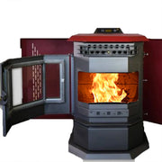 Wood-burning stove with open door showing flames on a white background